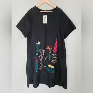 NWT Minibee Black Flower Embroidered Linen Cotton Blend A-line Midi Dress 2XL